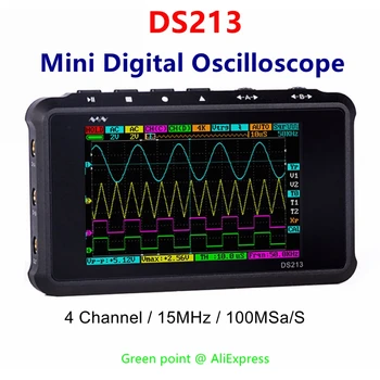 DS213 Digitális oszcilloszkóp LCD kijelző 4 csatornás 15MHz 100MSa/s hordozható kézi elektronika oszcilloszkóp Hullámforma adatok tárolása