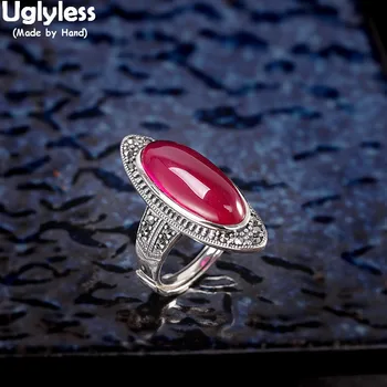 Uglyless Csábító HOT PINK ovális drágakövek Női gyűrűk Thai ezüst partiruha nyitott gyűrűk 925 Ezüst korund finom ékszerek