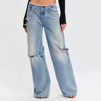 Street High Street Spicy Girl Jeans divatos és személyre szabott perforált, masszív rojtos egyenes csőnadrág nőknek