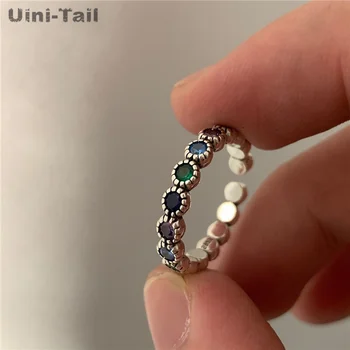 Uini-Tail forró új 925 Tibeti ezüst színű labda nyitott gyűrű retro divat élénk szín temperamentum édes egyszerű gyűrű