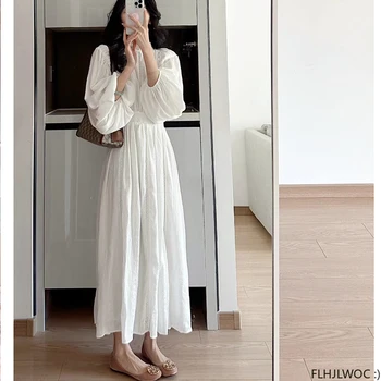 2023 Hosszú ruhák Nyár Új design Nők Koreai Japán stílusú Aranyos randevú lányok Solid Vintage Elegáns fehér ruha Flhjlwoc