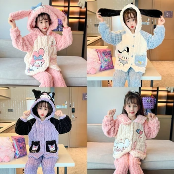 Kawaii Sanrios Kuromis My Melodys Cinnamorolls téli pizsama lányoknak Gyermek korall bársony gyapjú flanel nagy háztartási ruházat