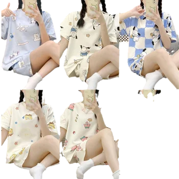 Kawaii Cinnamoroll Pochacco Sanrio nyomtatott rövid ujjú pizsama anime Aranyos lány szív nyári vékony társalgóruha laza rövidnadrág szett