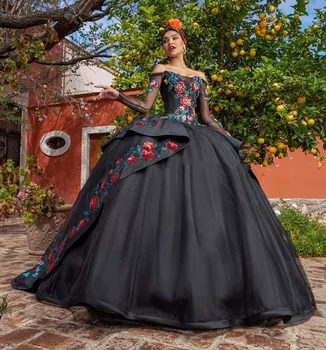 Fekete Charro Quinceanera ruhák Báli ruha Hosszú ujjú tüll rátétek Gyöngyök Mexikói Édes 16 Ruhák 15 Anos
