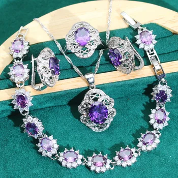 Luxus lila zöld cirkon 925 ezüst ékszerkészletek nőknek Esküvői karkötő Fülbevaló Nyaklánc medálgyűrű Társkereső ajándékok