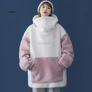 Oversize kapucnis pulóver párok Passzoló kapucnis pulóver Lambswool Oversized Jacket Women Loose Clothes Female Kpop Warm Hoodie