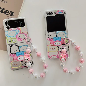 Rajzfilm Sanrio Hello Kitty Kuromi My Melody for Samsung Zflip5 Phone Case Zflip3/4 összecsukható képernyővédő tok karkötővel