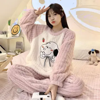 Snoopy női új, egyszerű és sokoldalú édes és aranyos rajzfilm mintás korall bársony kerek nyakú pulóver otthoni viselet pizsama szett