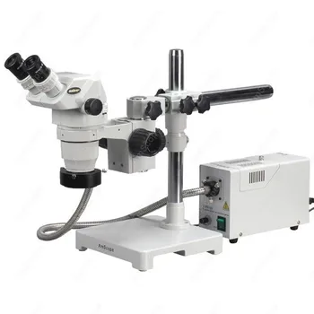 sztereó zoom mikroszkóp --Az AmScope 3.35X-45X sztereó zoom mikroszkópot szállít gémhez száloptikai gyűrűs lámpával