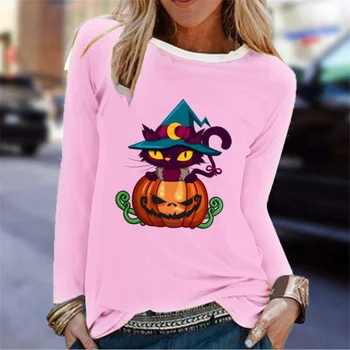 Kapucnis pulóverek Női Halloween Print O nyakú póló Hosszú ujjú alkalmi blúz Top Sudaderas Moletom Maglione Y2k gótikus pulóverek