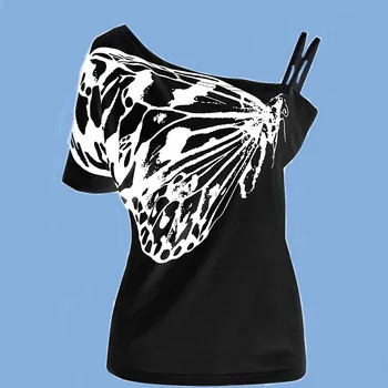 NAGY PROMÓCIÓ Y2K Európai és amerikai retro nyári női új pillangó minta szabálytalan vállpántos szexi póló