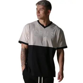 Alkalmi laza póló férfi rövid ujjú ing férfi nyári edzőterem fitnesz pamut pólók edzőfelsők fekete divat patchwork ruházat