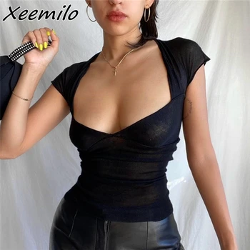 Xeemilo Sexy Square-neck Backless Black Póló Y2K Aesthetic Mesh Sheer Hollow Out Crop Top Summer Streetwear Rövid ujjú pólók