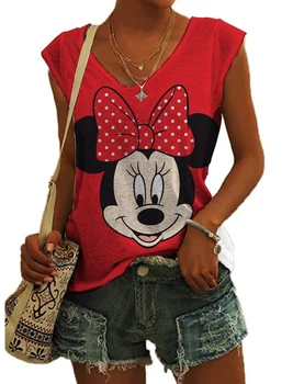 Disney Minnie egér mintás női póló ujjatlan V nyakú nyári póló női rajzfilm grafikus póló felsők 2023