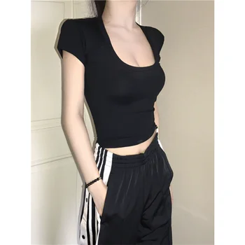 Női alkalmi magas derekú póló U-nyakú crop top egyszínű alap szexi streetwear rövid ujjú karcsúsító felsők y2k felső