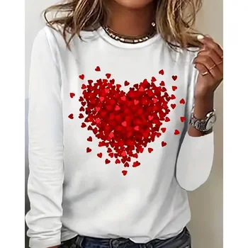 Heart Print Crew Neck póló, alkalmi hosszú ujjú póló tavaszra és őszre, női ruházat