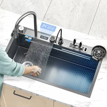  vízesés konyhai mosogató rozsdamentes acél dombornyomott mosdó nagy, egynyílású bal oldali lefolyó, többfunkciós mosogató konyhához