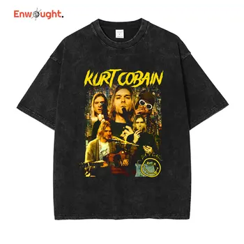 Kurdt Kobain póló énekes Kurt Donald Cobain vintage mosott felsők pólók Túlméretezett póló Harajuku rövid ujjú férfi 100% pamut