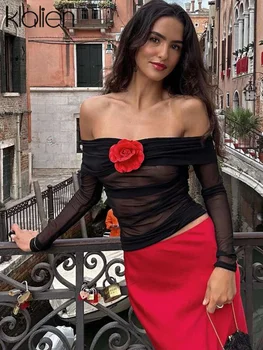 KLALIEN Elegáns vállon kívüli virág rátétes pólók Női szexi See Through hosszú ujjú Party Clubwear Streetwear Crop Top póló