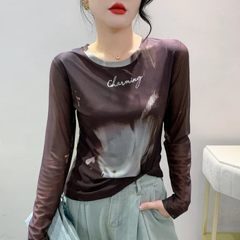 2023 Új őszi téli európai stílusú hálós póló női elegáns szexi O-nyak mintás levél felsők hosszú ujjú alsóing pólók 38073