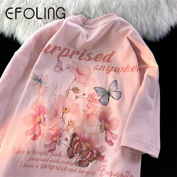 Pillangó Virág Olaj Festés Vintage pólók Esztétikus Streetwear Rövid ujjú felsők Alkalmi Férfiak Nők Hip Hop Nyári pamut póló