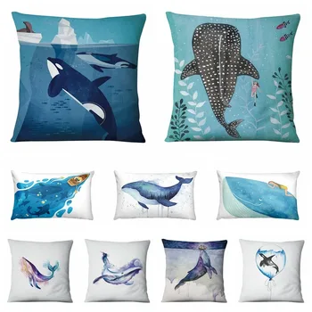 Blue Ocean Art párna dekoratív párna galakta bálna akvarell nyomtatás párnahuzat otthoni dekoráció kanapé dobó párnahuzat 45 * 45cm