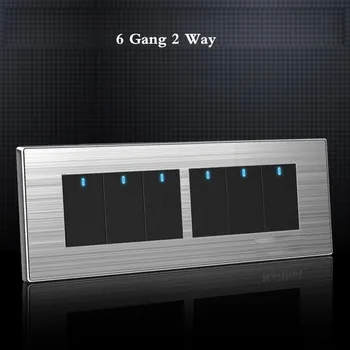 6 Gang 2 utas luxus fénykapcsoló be- és kikapcsoló fali megszakító LED jelzővel rozsdamentes acél panel 197 * 72mm
