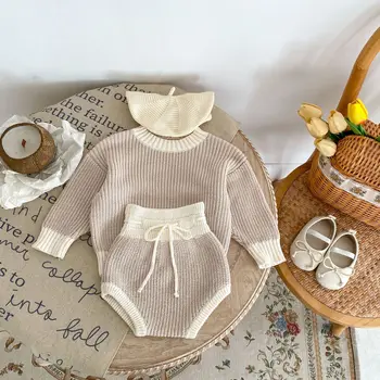 2 részes őszi baba kötött pulóver ruha szett vastag újszülött kötött pulóver pulóver + rövidnadrág készlet fiú lányok baba kötöttáru
