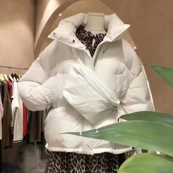 Fashion Korea laza rövid vállú kabát mellkastáskával, női téli magas nyakú vastag meleg kenyérkabát kacsa kabát
