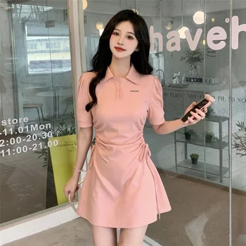 Kawaii rózsaszín rövid ruha nőknek Lány mini ruha vintage koreai parti tündér ruha aranyos preppy stílusú ruhák ruházat 2022