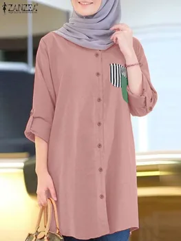 ZANZEA Vintage muszlim blúz divat hajtóka csík nyomtatott zsebek Tunika felsők női ing Nő Eid Mubarek Chemise túlméretezett
