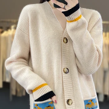 Őszi és téli új, 100% tiszta gyapjú Cardigan női hosszú pulóver kasmír pulóver kabát zsebszínhez illő fenékkel