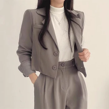 Női vintage alkalmi rövid öltöny blézerek széles szárú nadrág öltöny Ingázó egyszínű bő blézerek kabát nadrág kétrészes szettek
