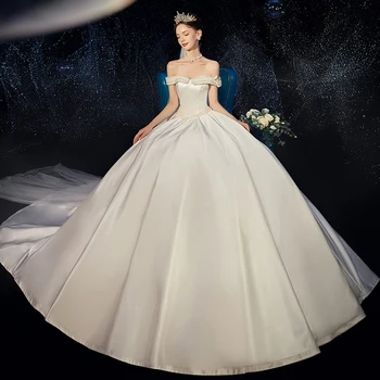Köntös Longue fehér szatén zsebek Esküvői ruhák 2021 Gyöngyfűző gyöngyök Egyszerű Vestido De Novia vállról levehető menyasszonyi ruhák