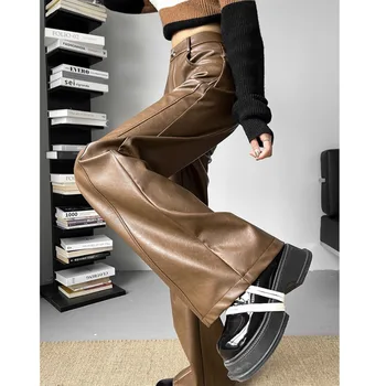 PU műbőr nadrág női ősz 2023 tél Új divat magas derékú széles szárú nadrág Vintage Chic egyenes alkalmi nadrág
