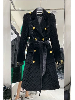 HIGH STREET Legújabb divat 2023 tervezői kabát Női dupla mellű kockás öves bársony hosszú kabát