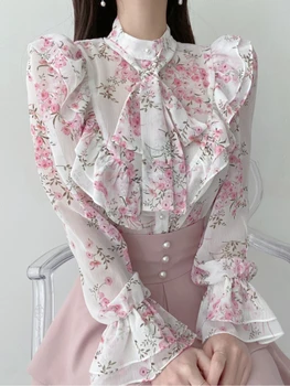 Édes koreai blúz női ruhák hosszú ujjú virágos ingek divatkötés laza őszi blúzok felsők 2023 Blusas Mujer De Moda
