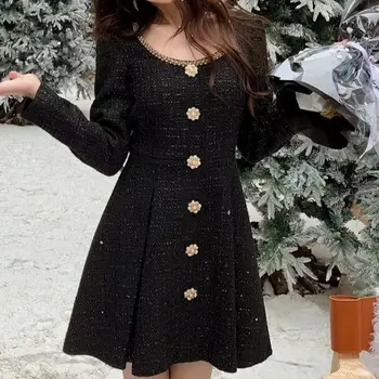 Nők Fekete tweed mini ruha Nyakkivágás gyémánt dekoráció hosszú ujjú rövid ruha