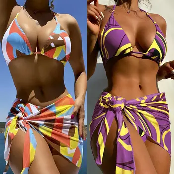 2023 Bikini Trend fürdőruha ütőruha Női osztott háromrészes nyomtatott csipke fel Bikini fürdőruha nagykereskedelme AB8243