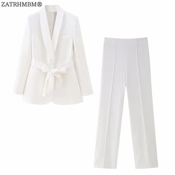 ZATRHMBM - nők 2023 Elegáns divat hozzáillő öv Fehér blézer és magas derékú cipzáras Fly egyenes nadrág Női kétrészes szettek Mujer
