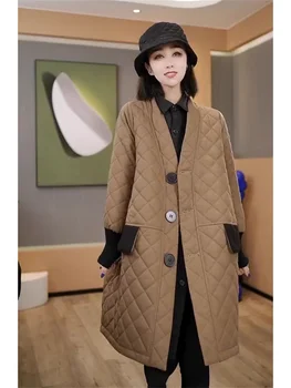 A divatos alkalmi egymellű pamutkabát koreai változata női téli használatra Új, nyugatias V-nyakú közepes hosszúságú kabát