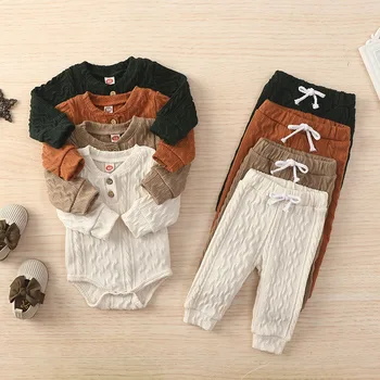 Baba őszi téli ruhák Újszülött csecsemő hosszú ujjú kerek nyakú gombos pulóver Kötés Romper nadrág ruhák 0-24 hónapig