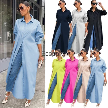 2023 Nyári divat alkalmi hosszú ing tömör elegáns egymellű hosszú ujjú laza ruha szabadidő utcai ruházat nőknek 2XL