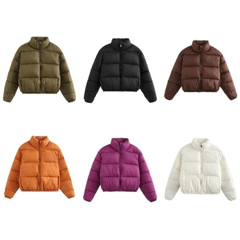 Női meleg rövid állvány nyak parkas téli párnázott kabát vastag meleg egyszínű pufferkabát kabátok P8DB