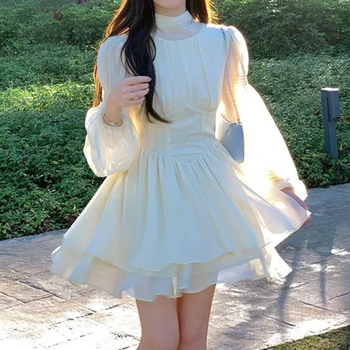 Sárgabarack sifon A-vonalú ruha Magas derékú tündér ruha Tavaszi nyári divatruha 2023 Női koreai csokornyakkendő gallér elegáns ruha