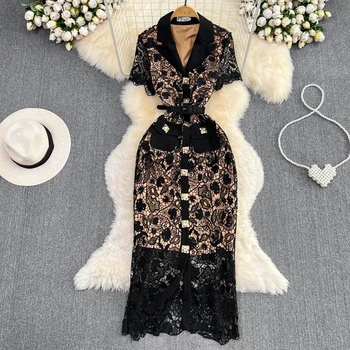 Vintage üreges csipke ruha női kifutóruha luxus hímzés arany csatos öltöny gallér bodycon ruha köntös Femme N539