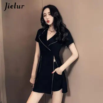 Jielur elegáns ruha Két peices szett Koreai 2021 Nyári nők tömör galléros cipzár Vintage Cool fekete ruha Női öltönyök Vestidos