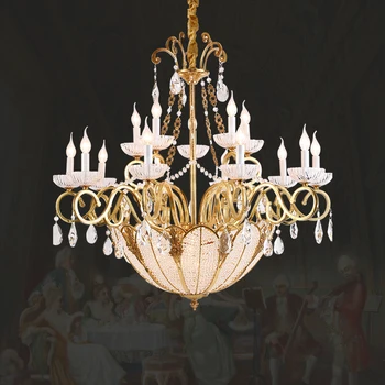 Európai villa Nagy belmagasságú étkező Réz függő lámpa Francia klasszikus Luxus sárgaréz kristálycsillár