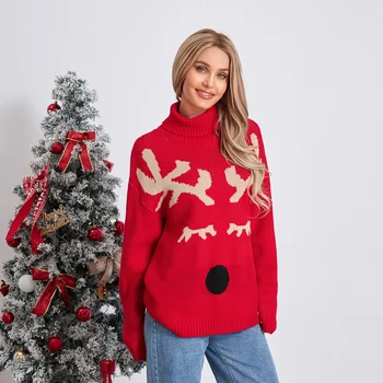 Női vintage karácsonyi pulóverek Hosszú ujjú magas garbós jávorszarvas mintás bő pulóverek Pulóverek Alkalmi kötött felsők