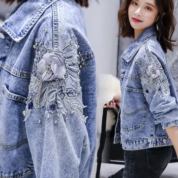 Gyöngyös farmerdzseki női rövid kabát Tavasz ősz Új női koreai laza bombázó felsőruházat Alap kabát Cool Jackets